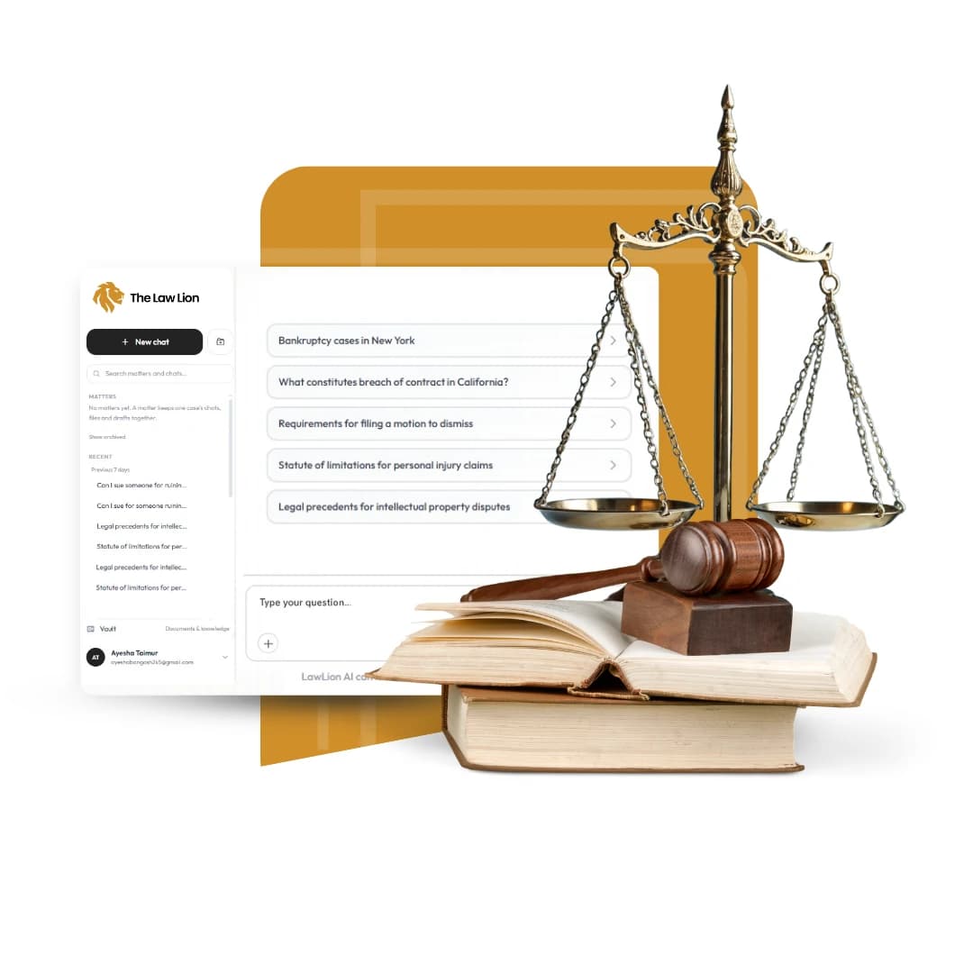 The Law Lion AI legal assistant interface with scales of justice, gavel, and law books - AI-powered legal writing for lawyers and law firms